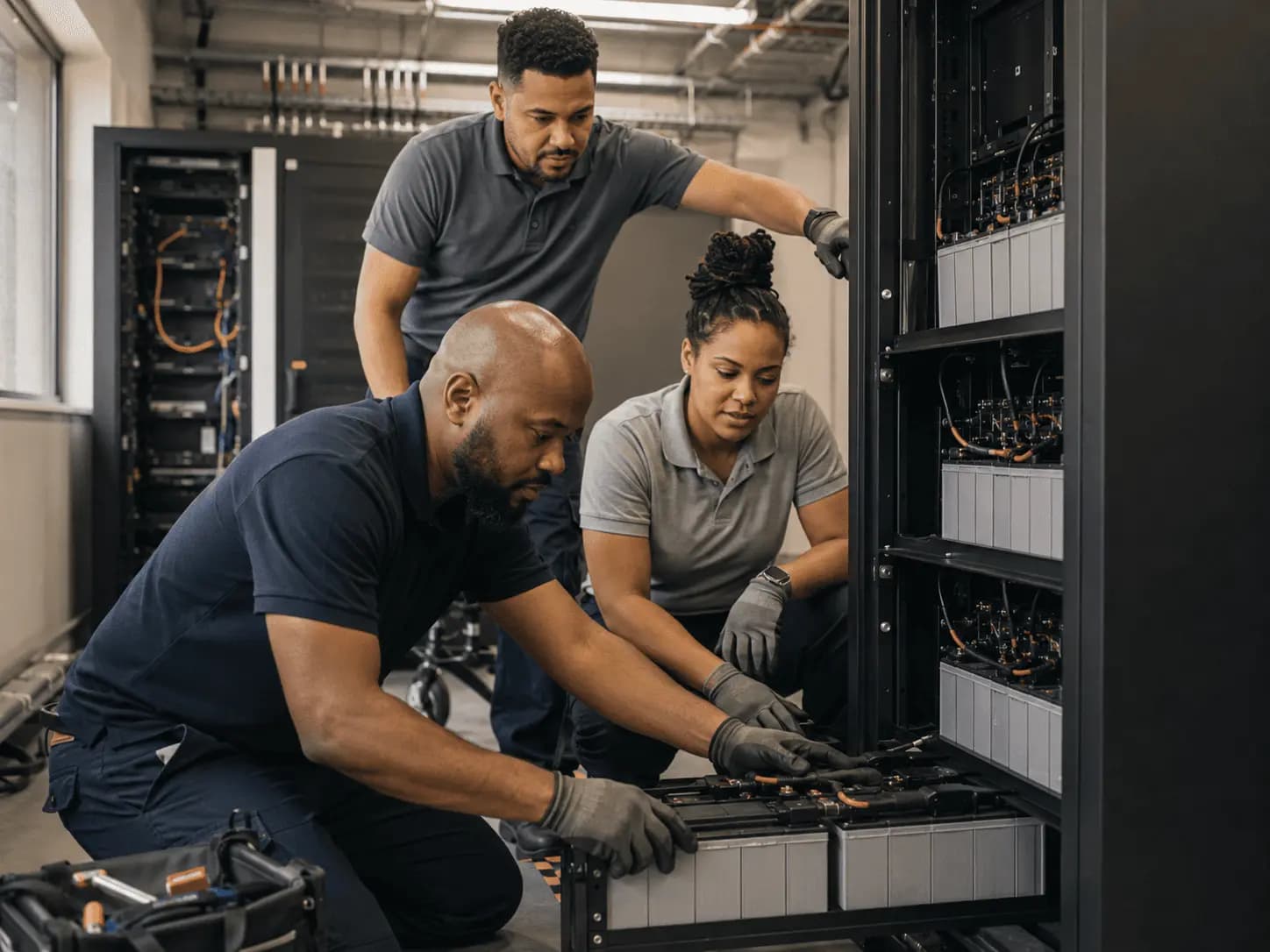 Engineers installing equipment in a network cabinet