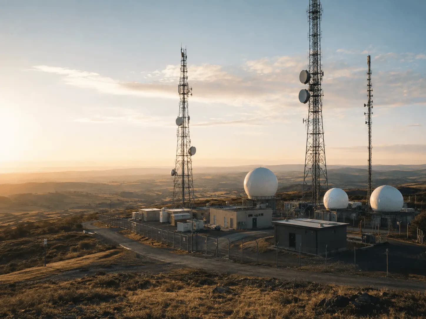 Communication towers on a ridge at sunrise